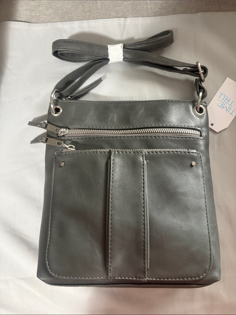 Time and Tru Gray Faux Leather Crossbody with Dual Front Zips    New with tags